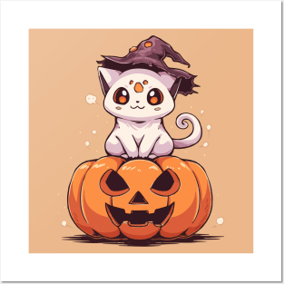 Cat ghost sitting on a pumpkin Posters and Art